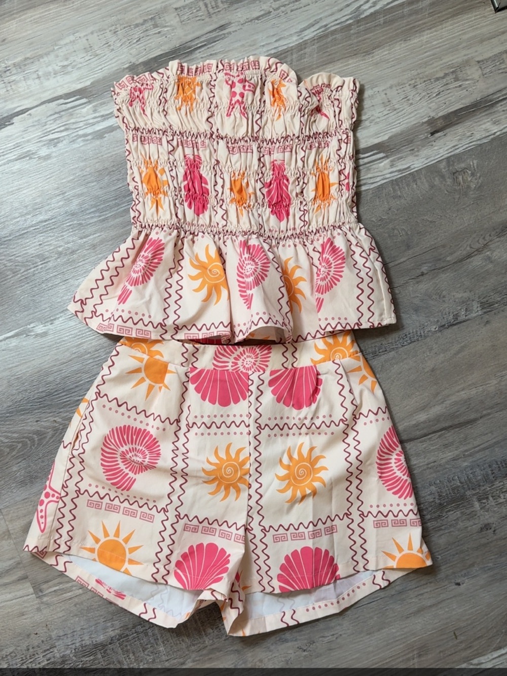 Pink & Orange Sunburst Smocked Tube Romper